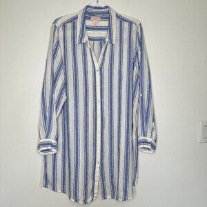 St Tropez Button up Shirt 1X White blue Stripe 100% Linen